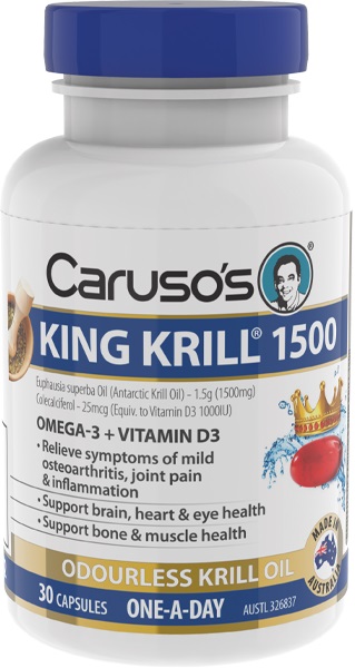 a blue and white container of krill capsules
