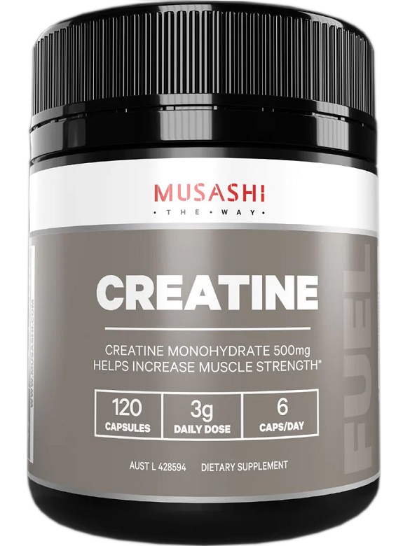 a grey and white container of creatine capsules.