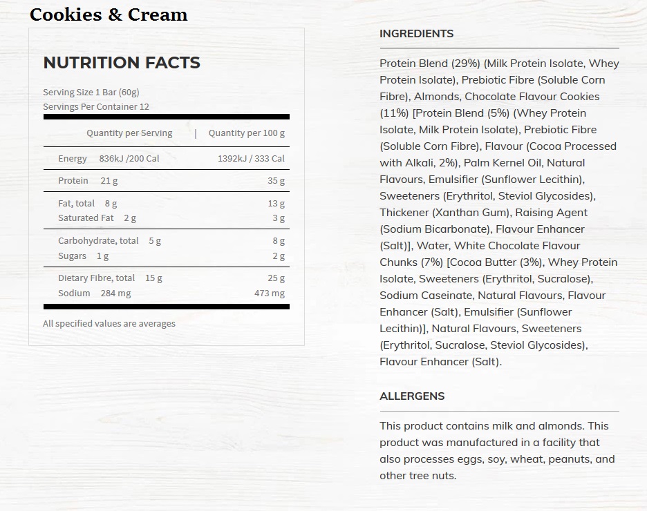 cookies cream nutritional information