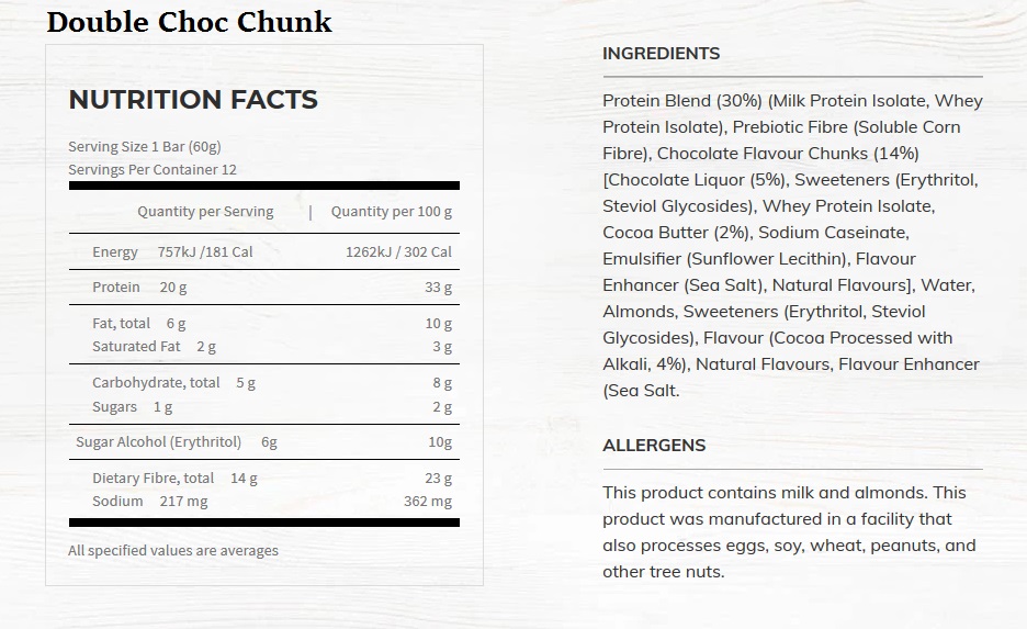 double choc chunk nutritional information
