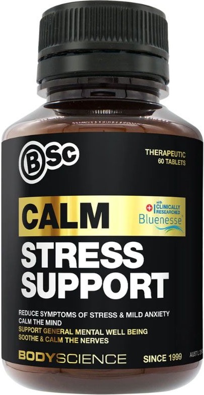 a black bottle of bsc anti-stress tablets