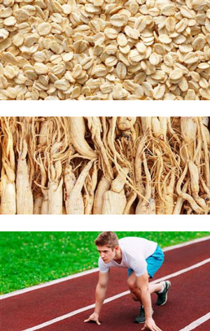 rollled oats, ginseng root and a man about to sprint on a professional track