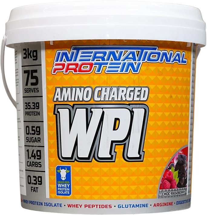 a yellow and white plastic bucket of whey protein powder